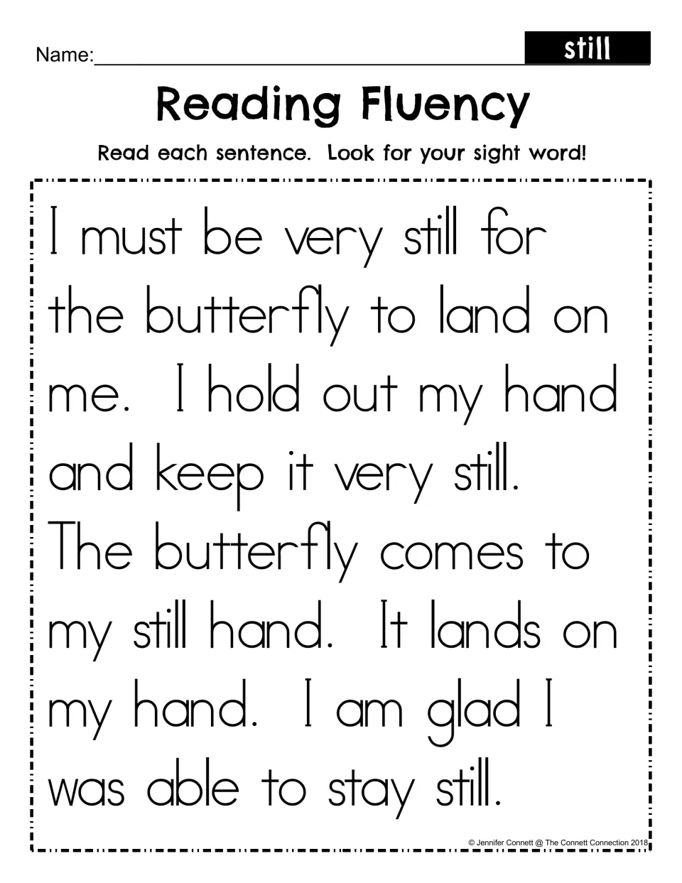 Reading Fluency passage for the word still: students read a short butterfly story and look for still in each sentence