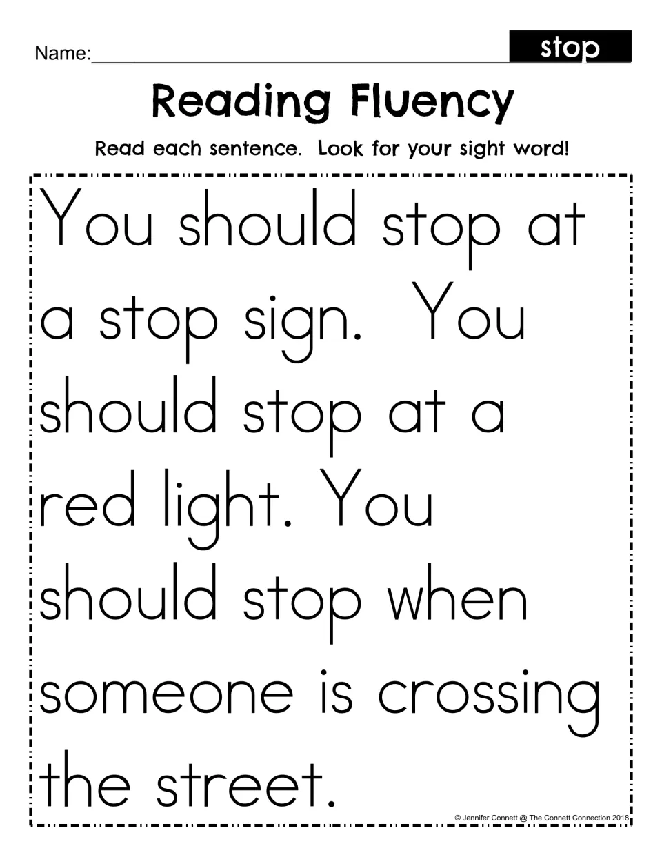 Reading fluency for sight word stop: students read a short passage about stopping at signs, red lights and crosswalks