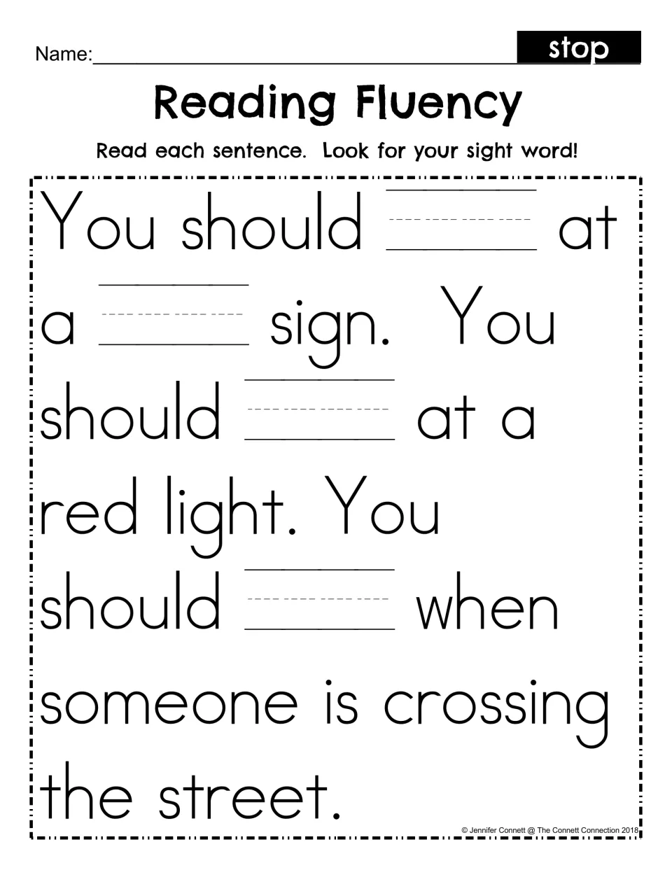Fill-in fluency passage: students write the sight word stop in four blanks while reading about stop signs and red lights