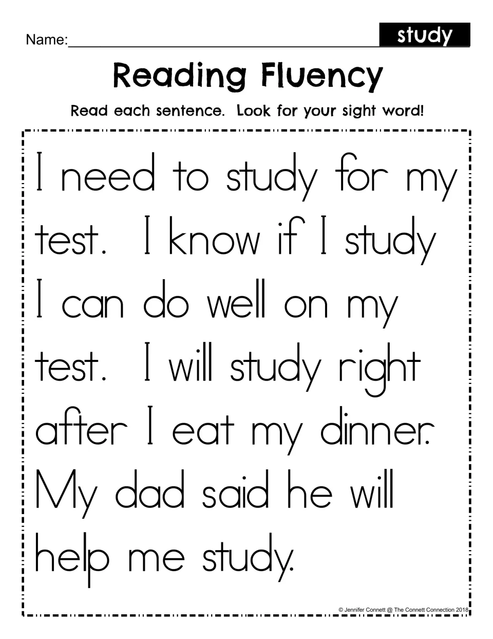 Reading Fluency for the sight word study: students read a short passage about studying for a test and look for the word