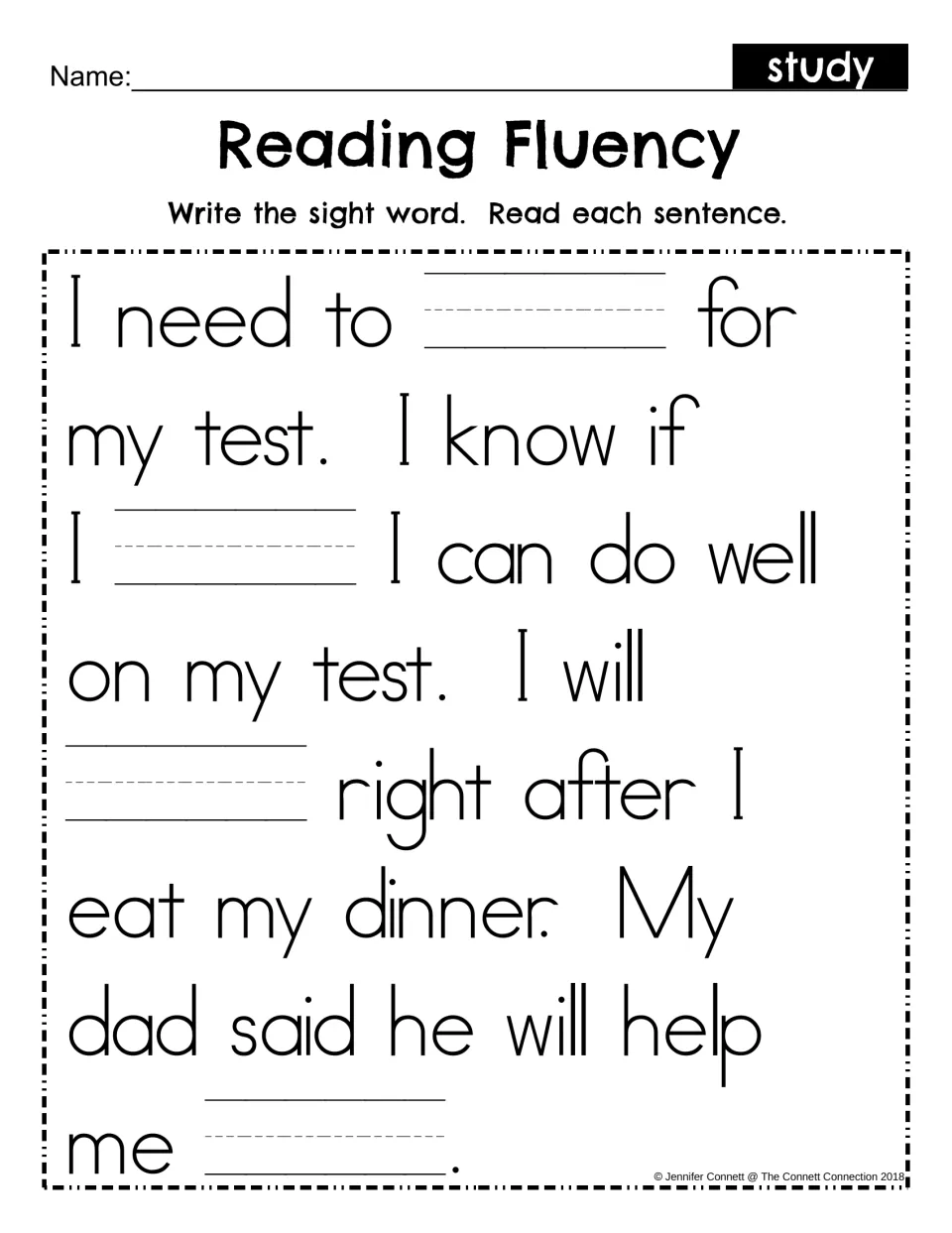 Sight word study fill-in: students write study in four blanks of the test passage, then read each sentence