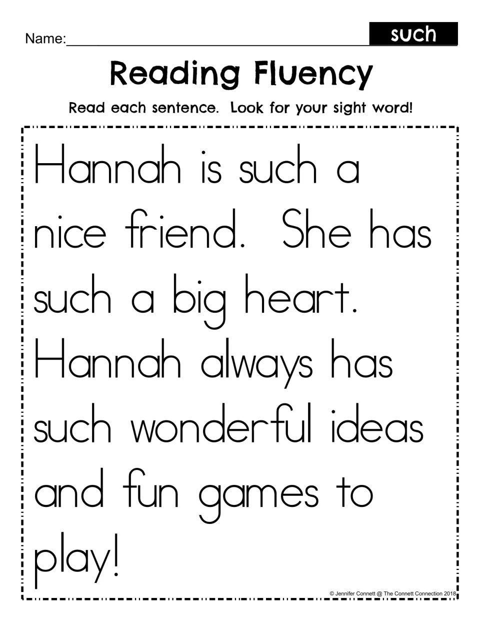 Reading Fluency for the sight word such: students read a short passage about Hannah and find each use of such