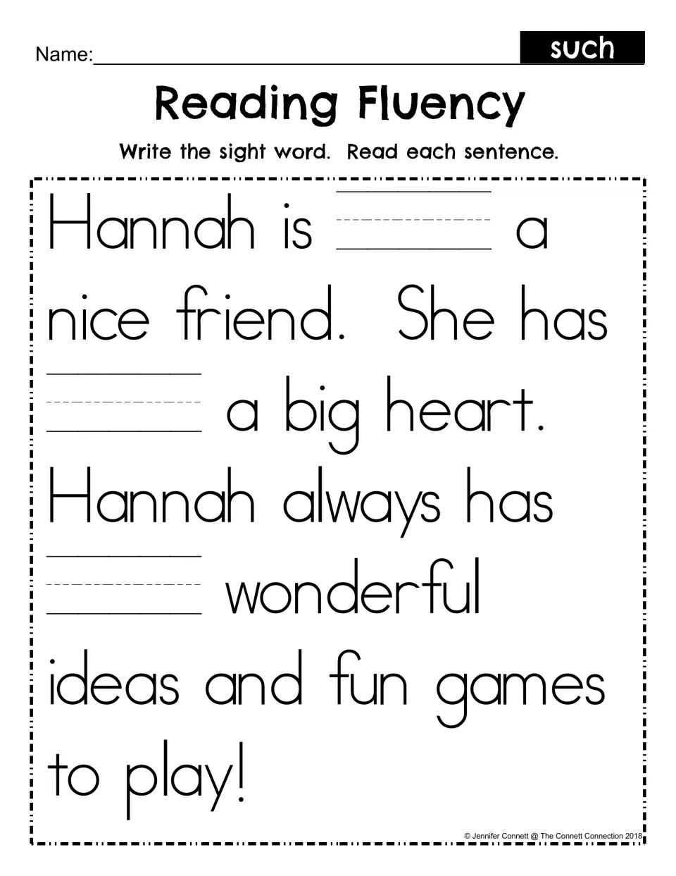 Reading Fluency fill-in: students write the missing sight word such in three blanks, then reread the Hannah passage