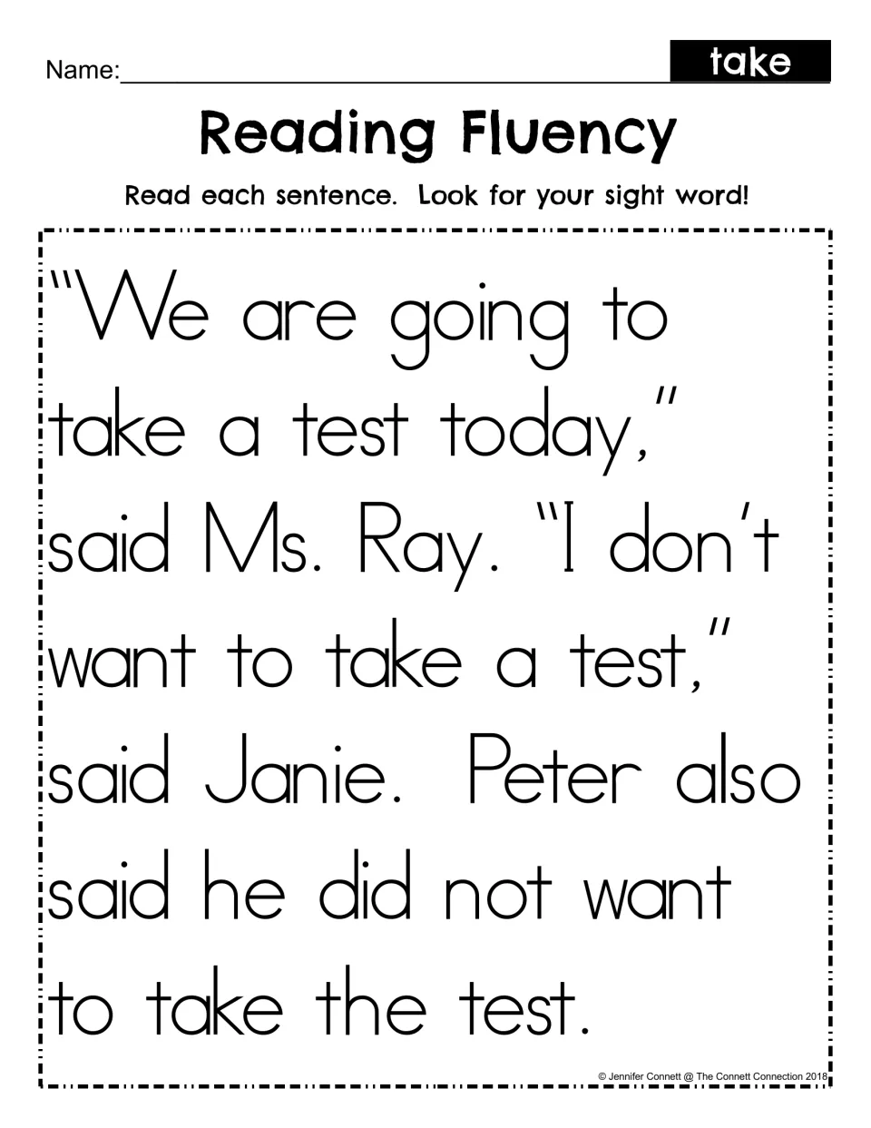 Reading fluency for sight word take: students read a short story about Ms. Ray's test and find take each time it appears