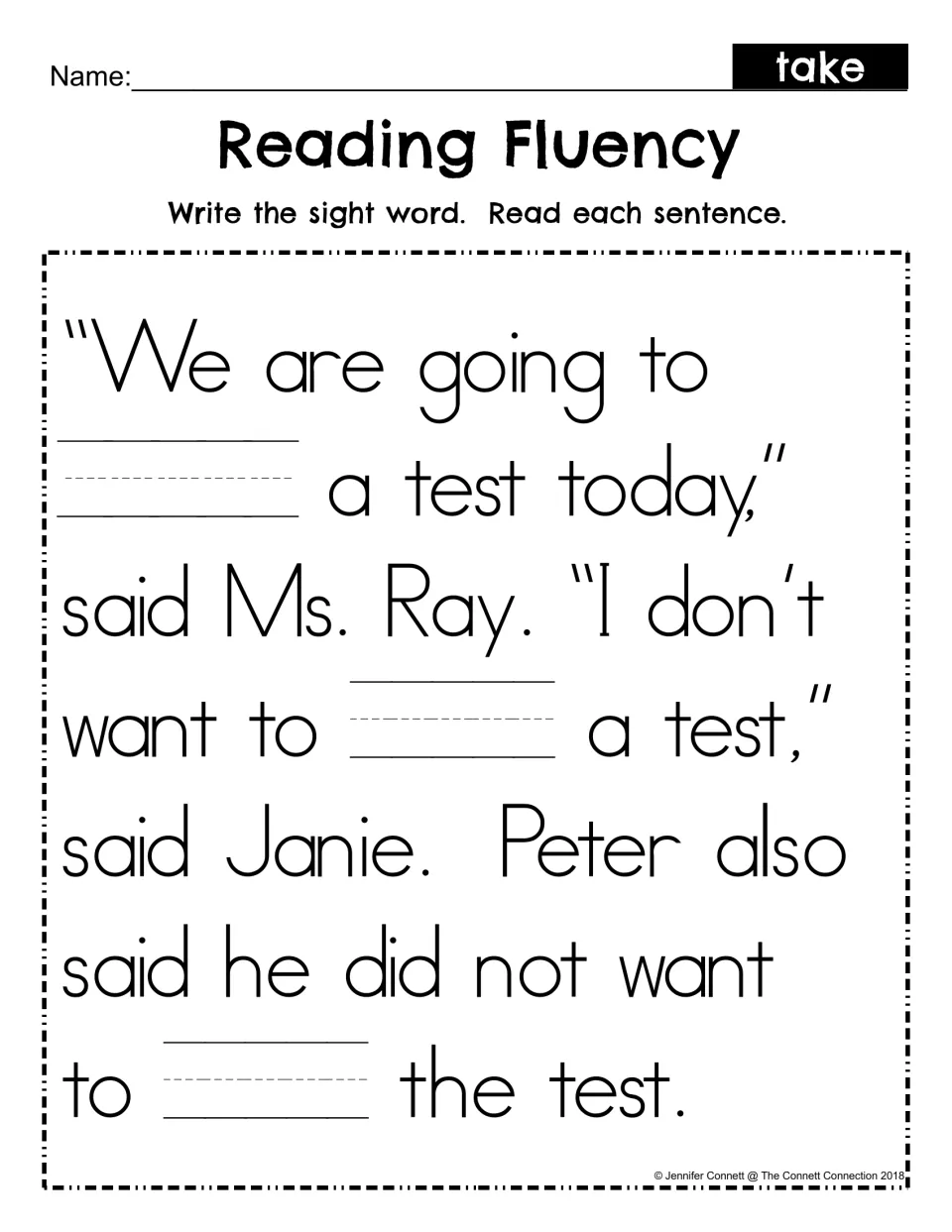 Sight word take fill-in: students write take in three blanks of the Ms. Ray test passage, then reread each sentence