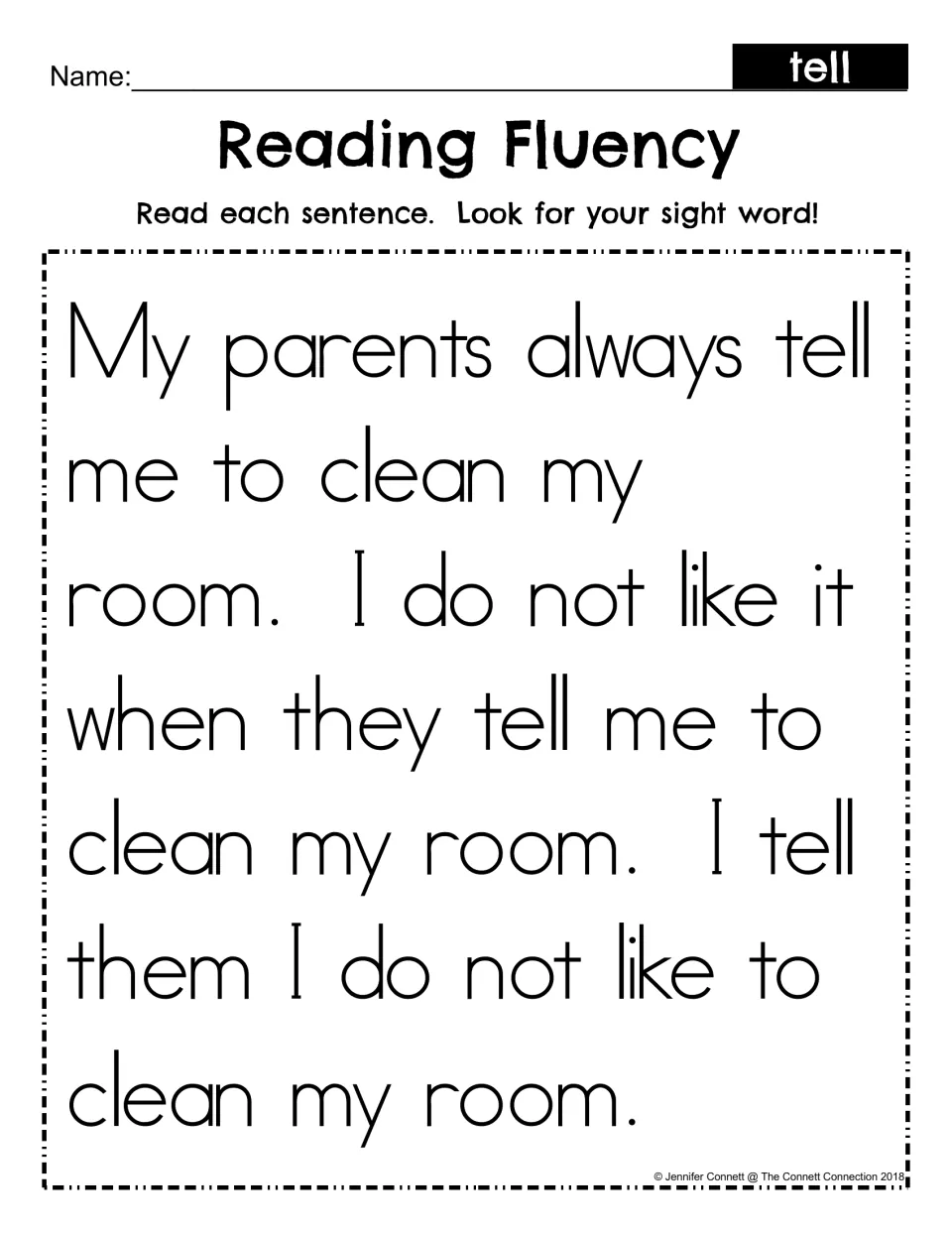 Reading Fluency for sight word tell: students read a short passage about cleaning my room and find tell 3 times