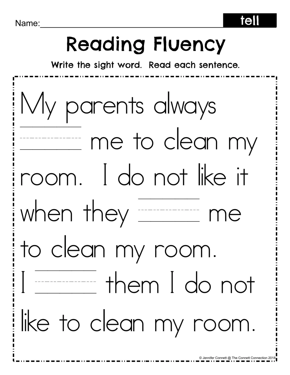 Reading Fluency fill-in: students write the sight word tell in 3 blanks, then reread the passage about cleaning my room