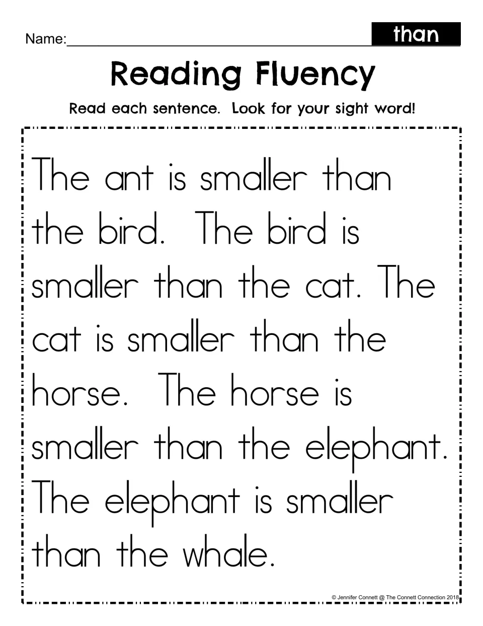 Reading Fluency for the sight word than: students read a passage comparing an ant, bird, cat, horse, elephant and whale