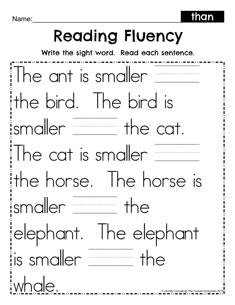 Sight word fill-in: students write than in five blanks of the animal size passage, then read each sentence