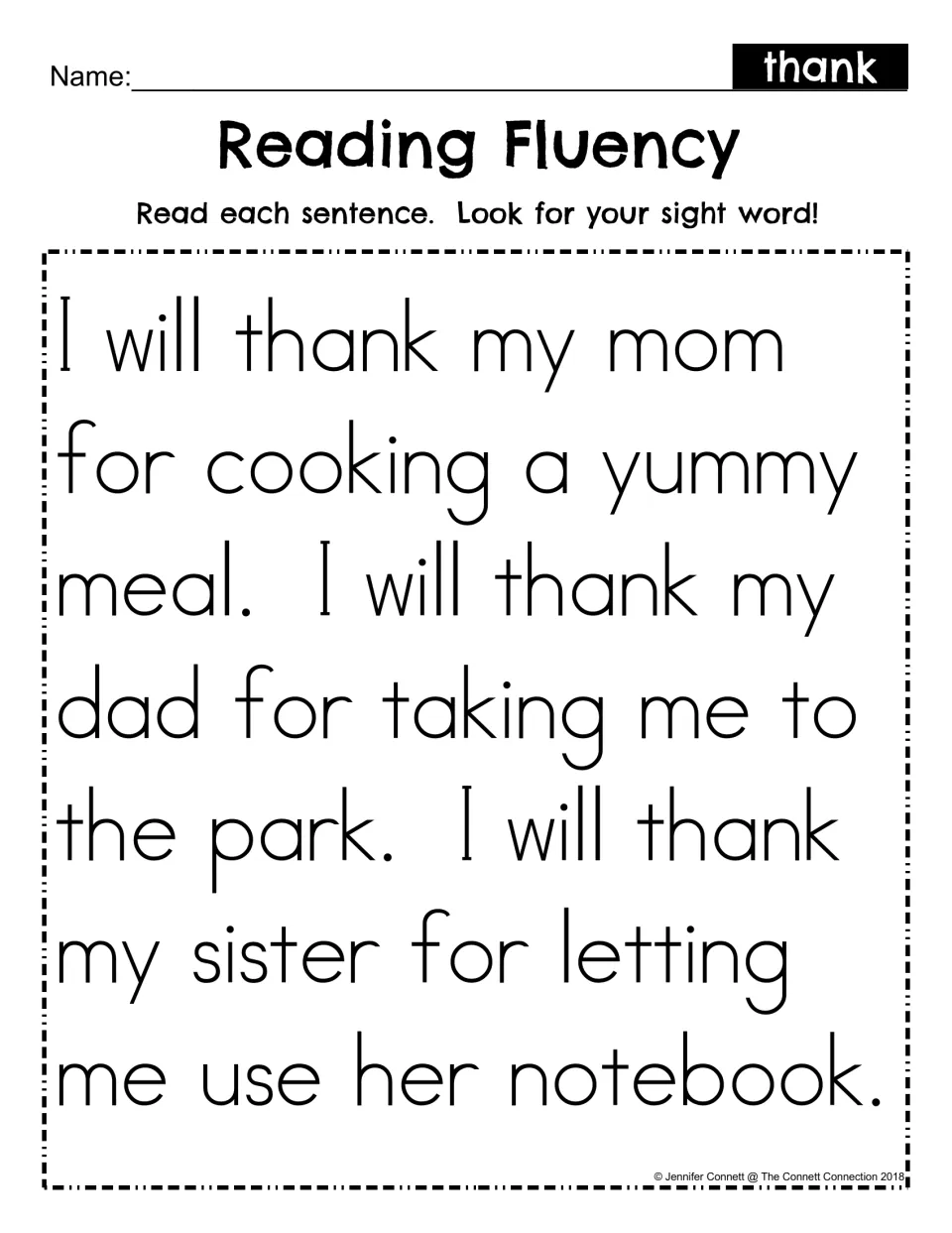 Reading fluency for the sight word thank: students read a short passage about thanking mom, dad and sister
