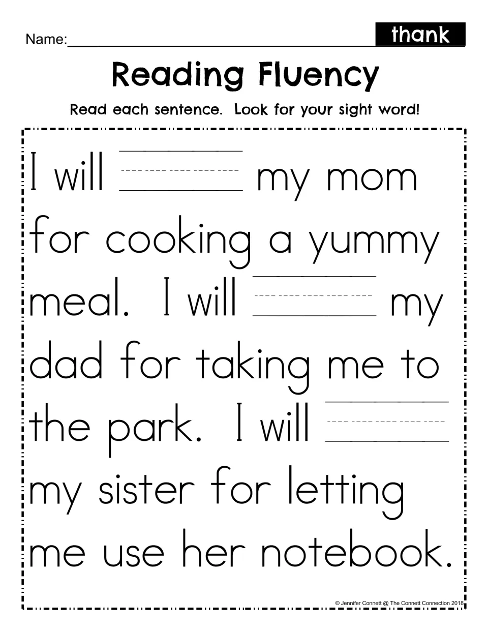 Sight word thank cloze passage: students write the missing word in three blanks about thanking mom, dad and sister