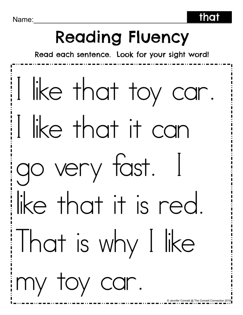 Reading fluency for sight word that: students read a short toy car passage and find that in each of the sentences