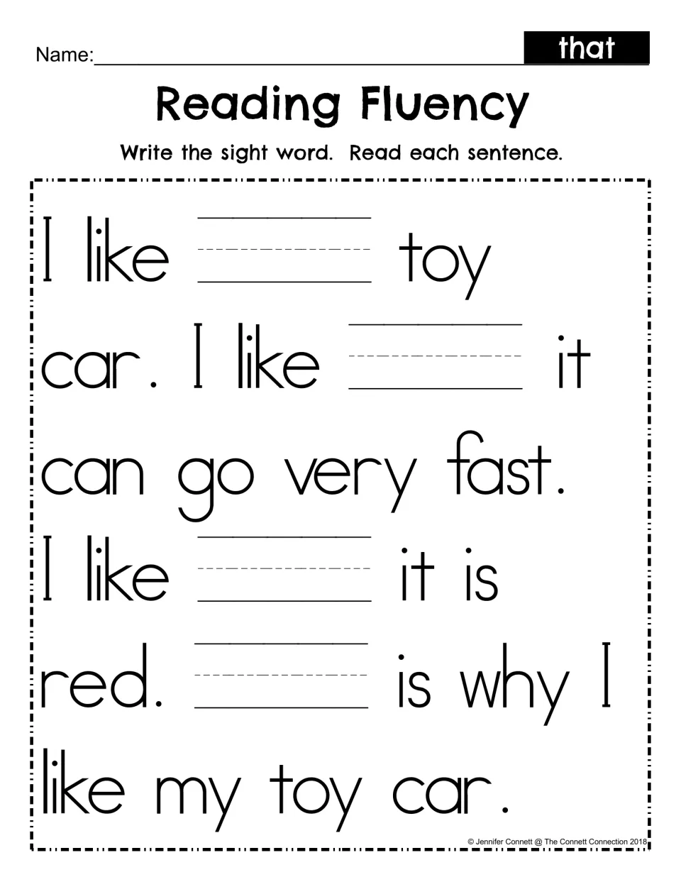 Sight word that fill-in: students write that in four blanks of the toy car passage, then read each sentence