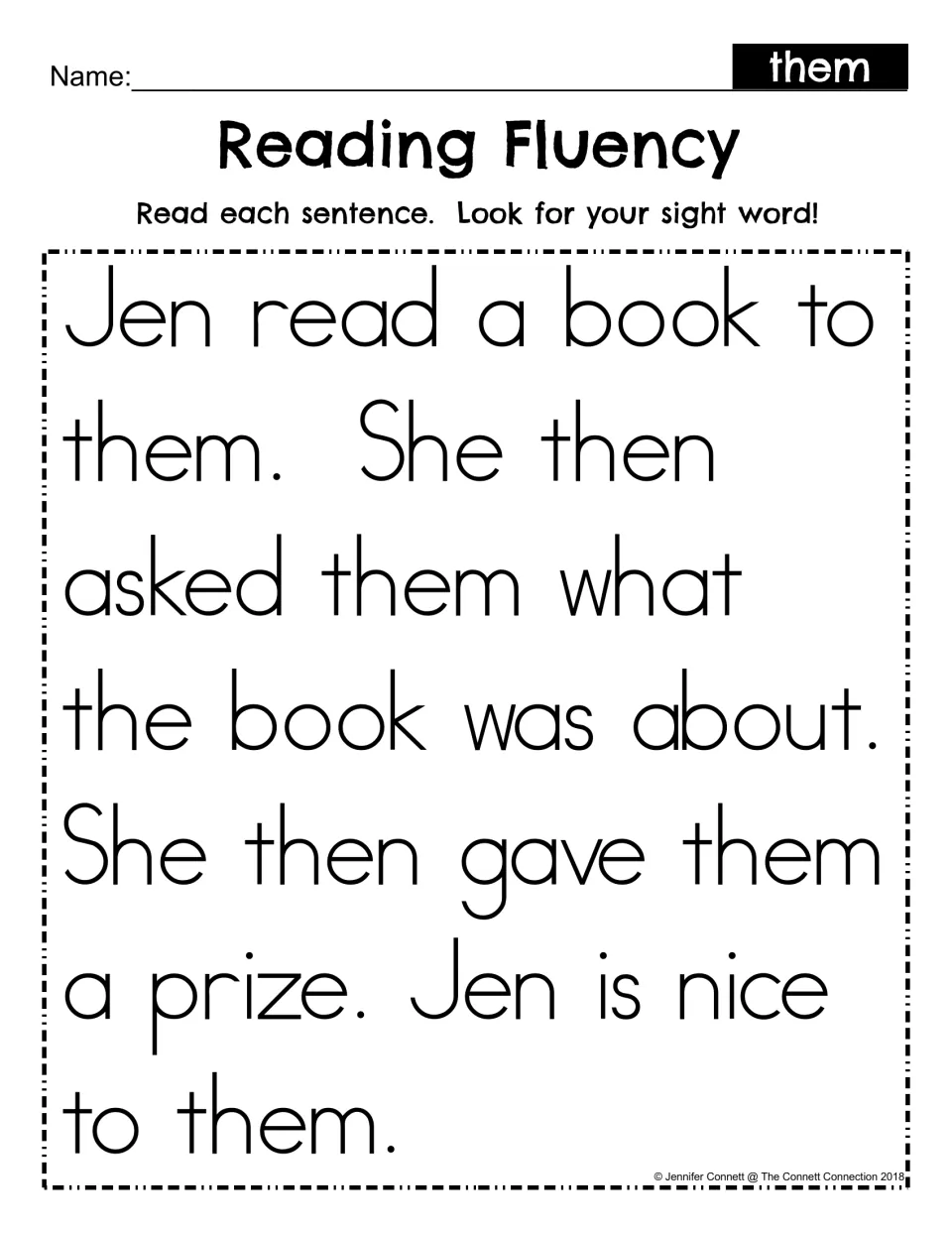 Reading fluency with sight word them: students read a short passage about Jen reading a book and spot each them