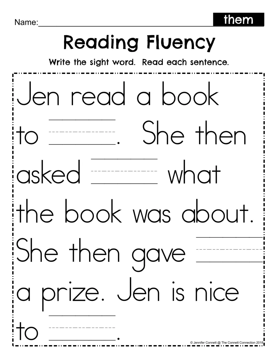 Fill-in fluency passage: students write them in four blanks of the Jen story, then reread each sentence aloud