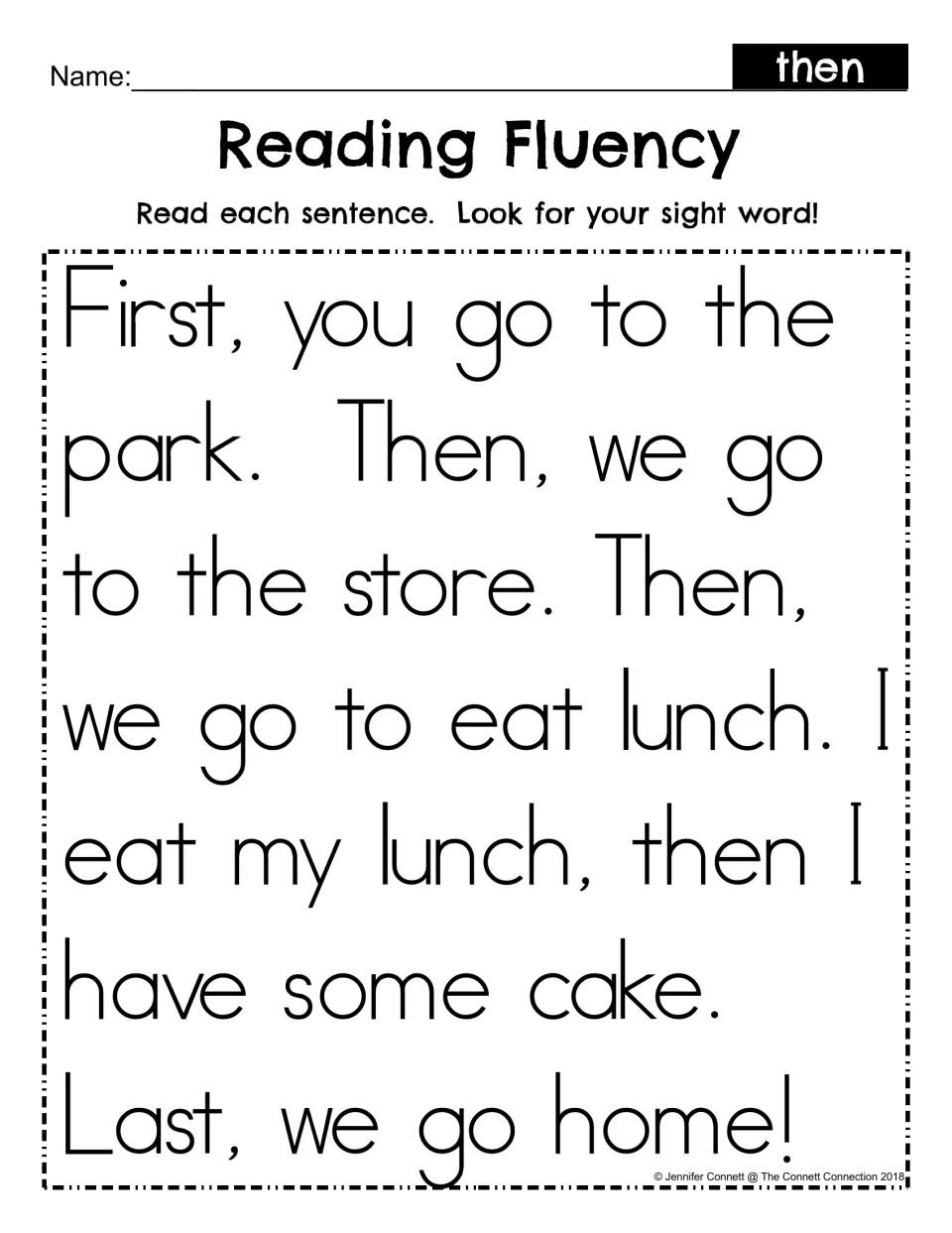 Reading Fluency, sight word then: students read a short passage about the park, store and lunch and find each then