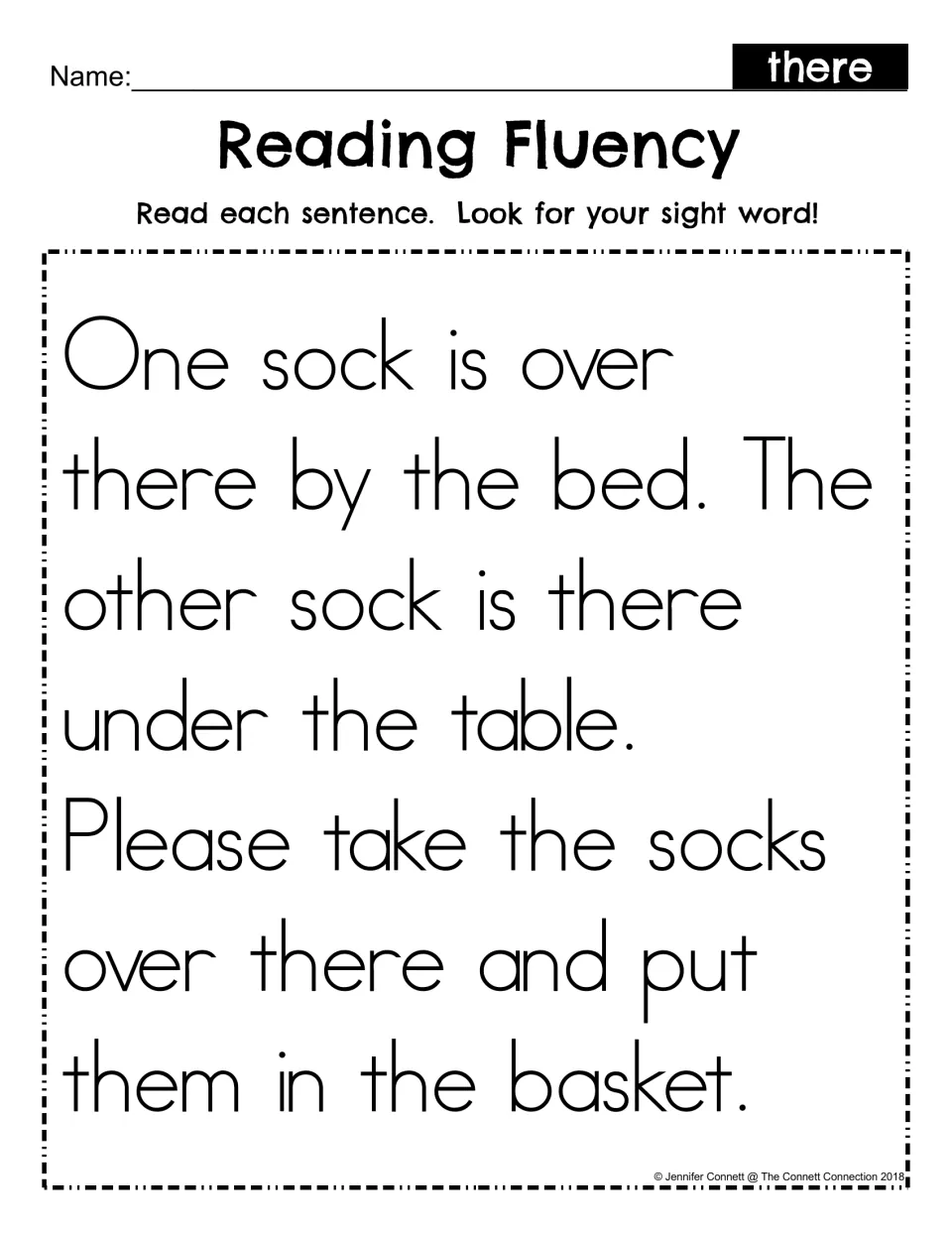 Reading Fluency, sight word there: students read a short passage about two socks and look for there in each sentence