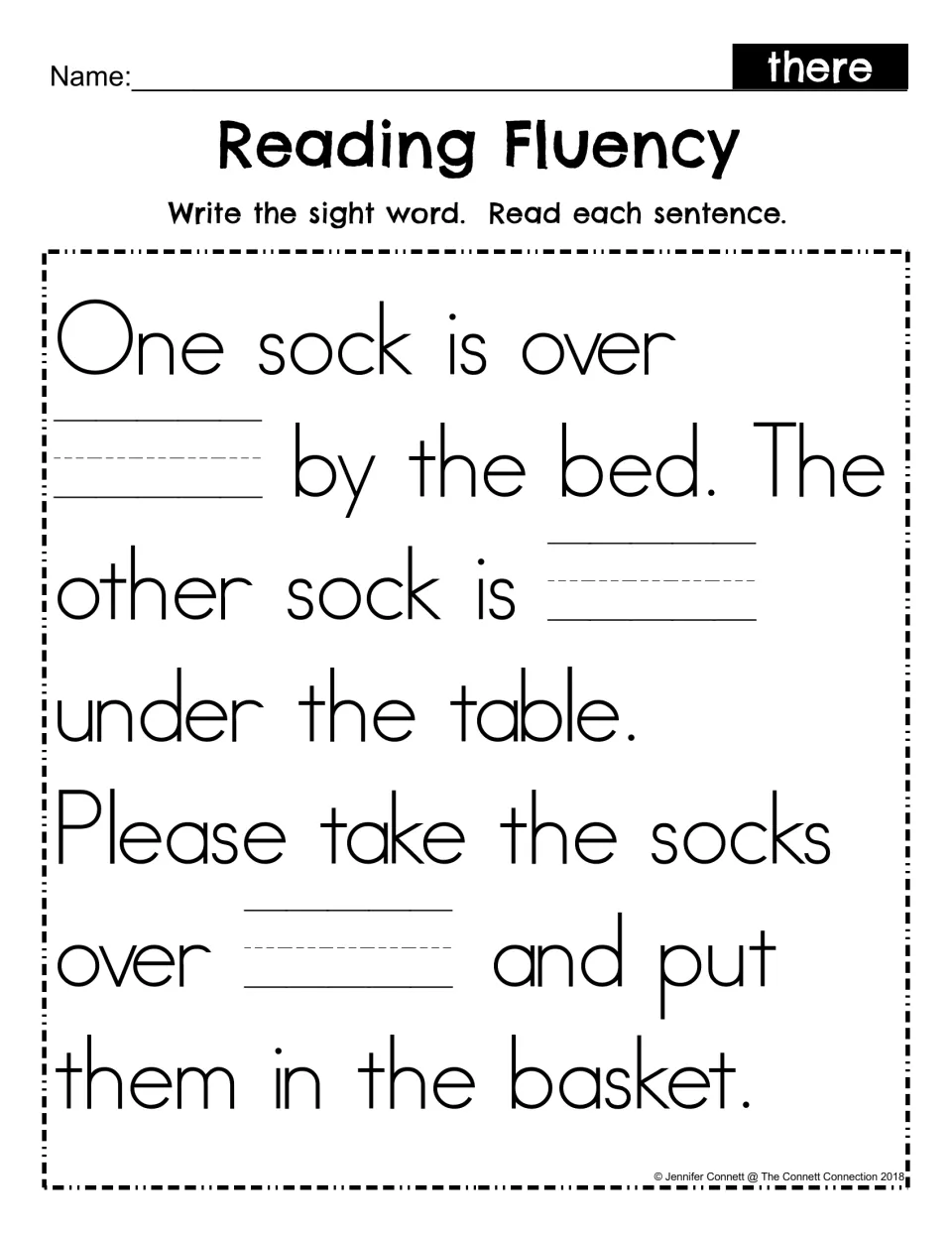 Reading Fluency fill-in: students write the sight word there in three blanks of the sock passage, then read each sentence
