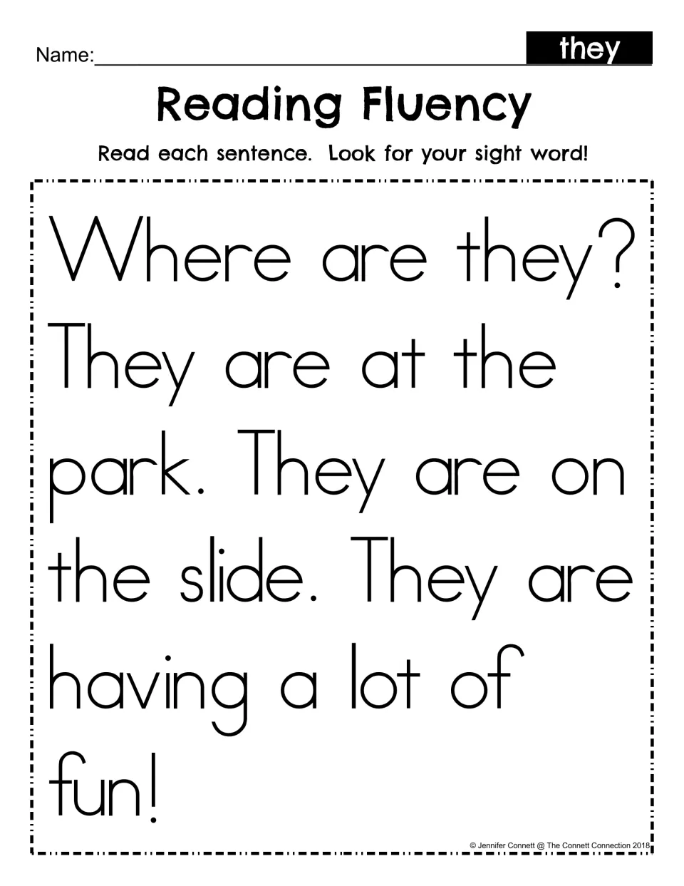 Reading Fluency for sight word they: students read a short park story and look for they in each of its sentences
