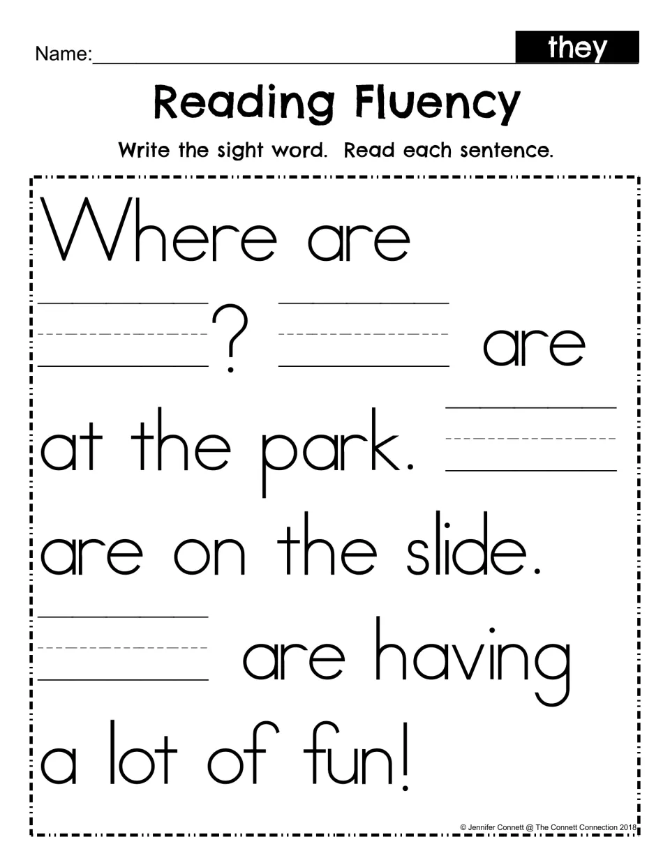Reading Fluency, park story: students write the sight word they in four blanks, then read each completed sentence