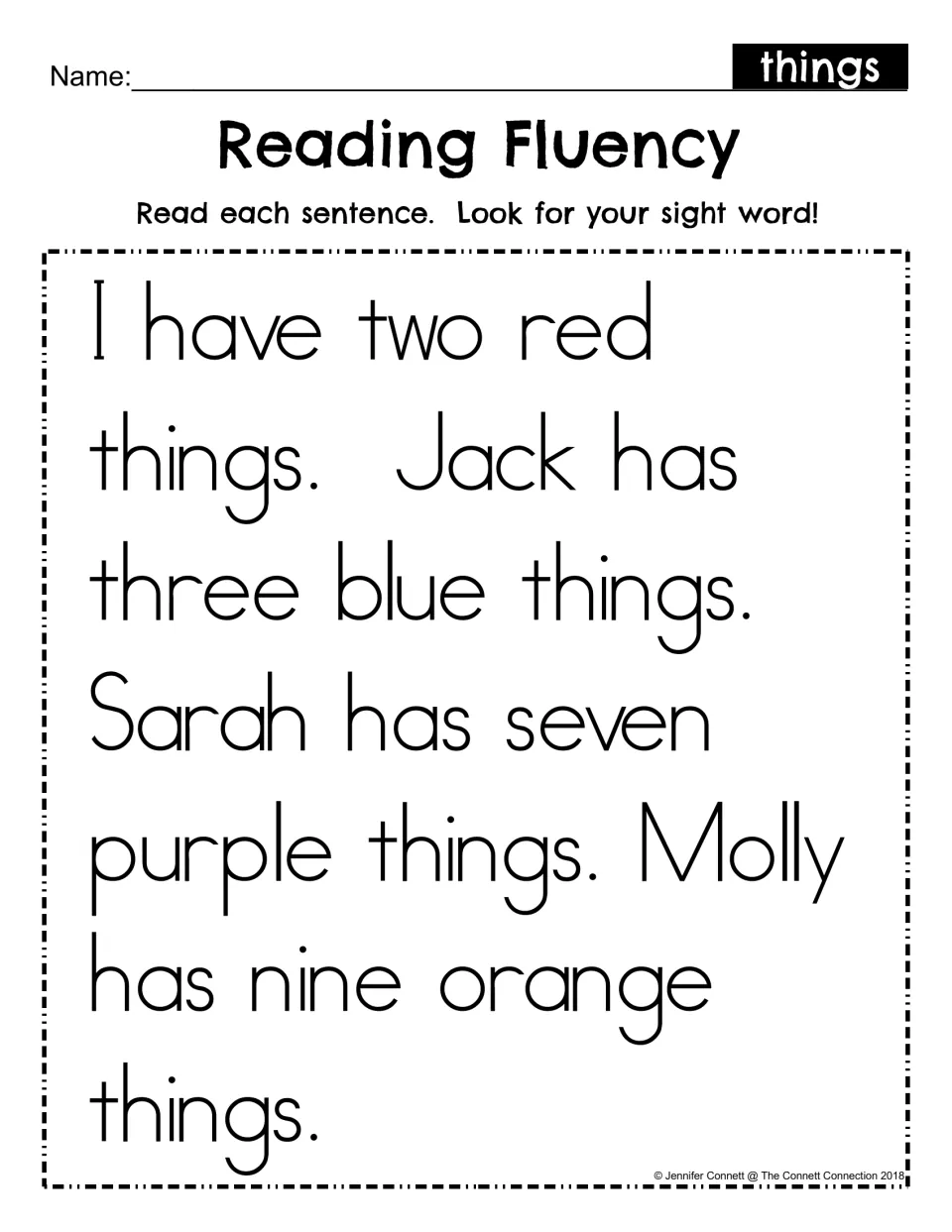 Reading Fluency for sight word things: students read a short color-and-number passage and look for the word