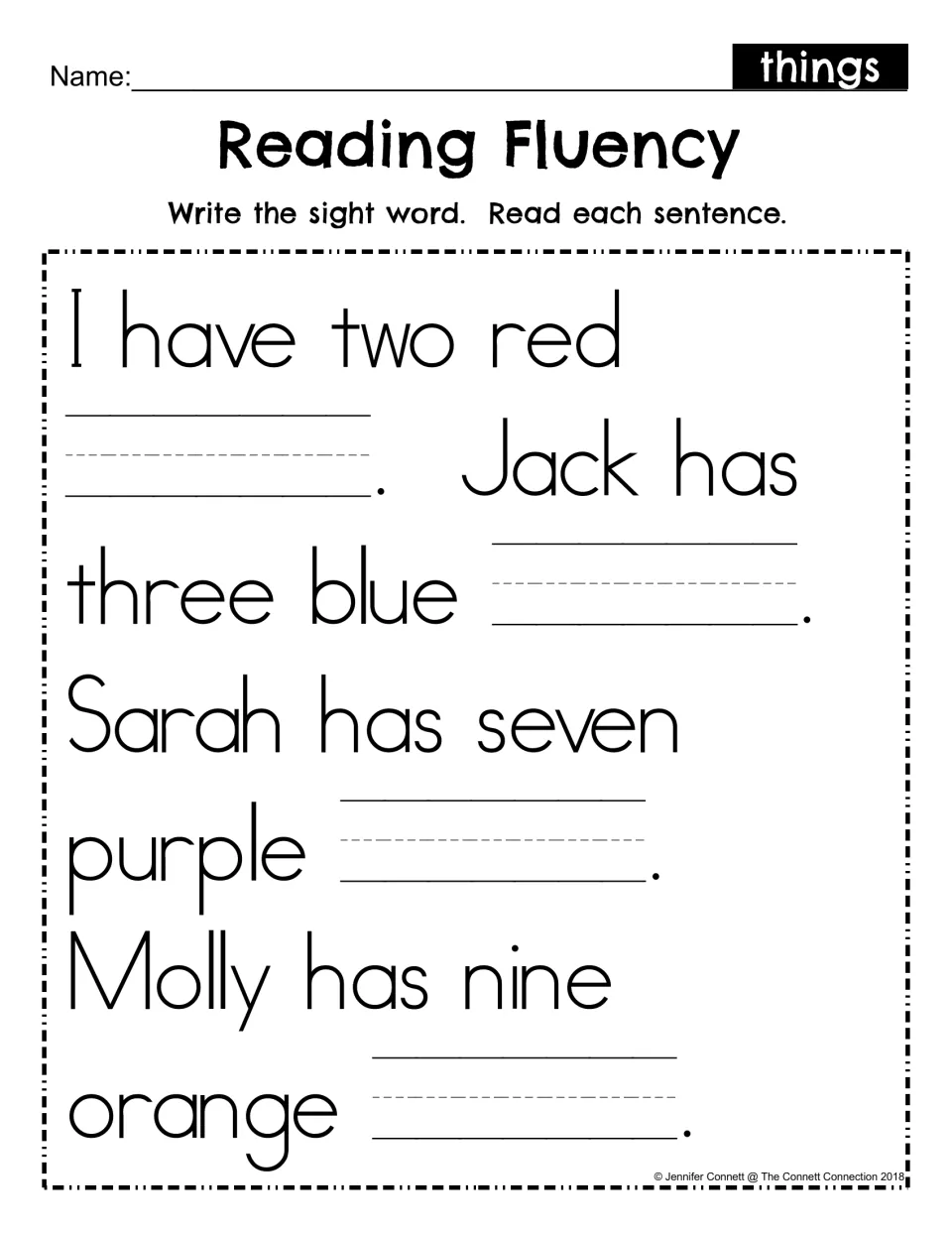 Reading Fluency for sight word things: students write the missing word in four blanks, then read the same passage