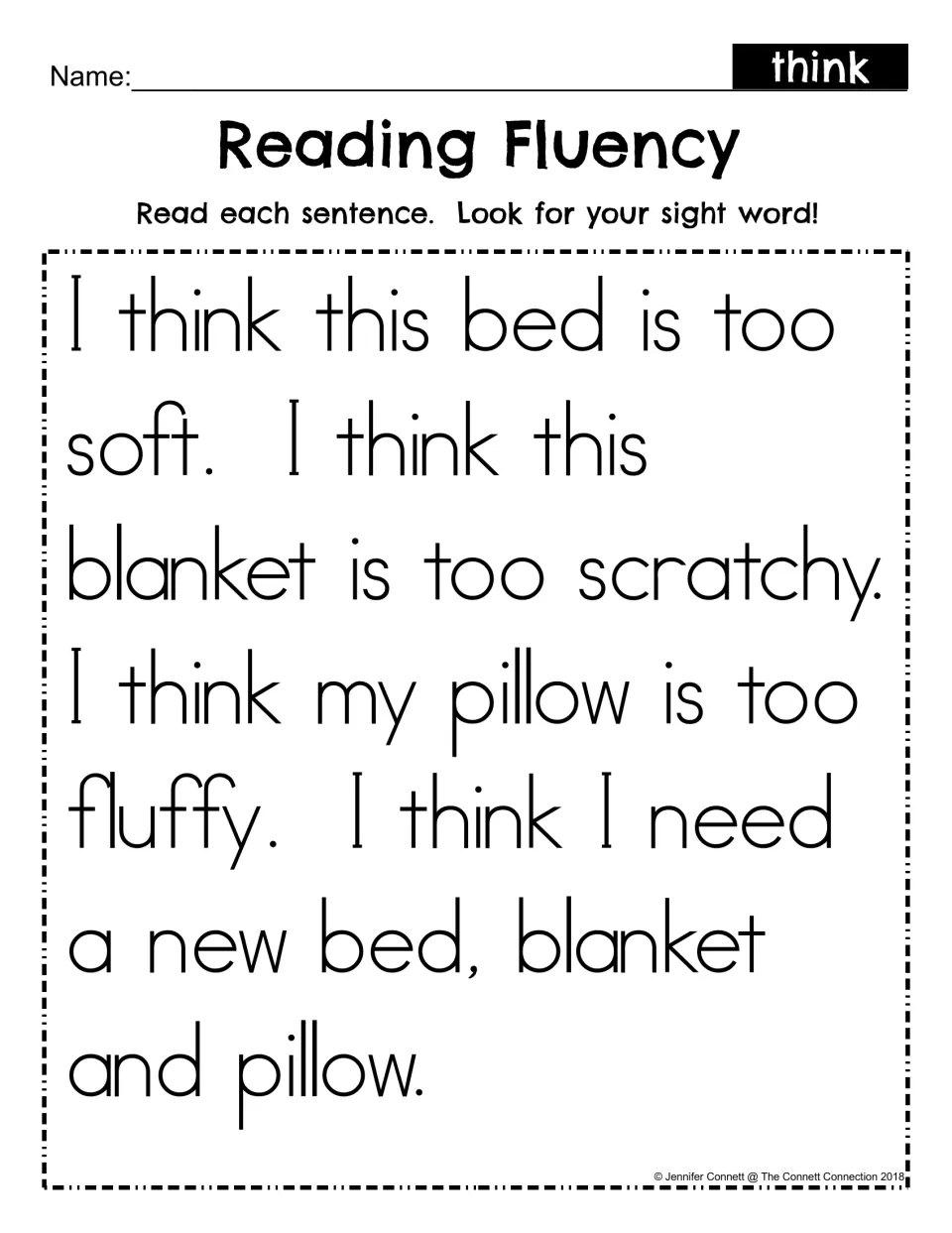 Reading Fluency: students read a short passage about a bed, blanket and pillow and look for the sight word think