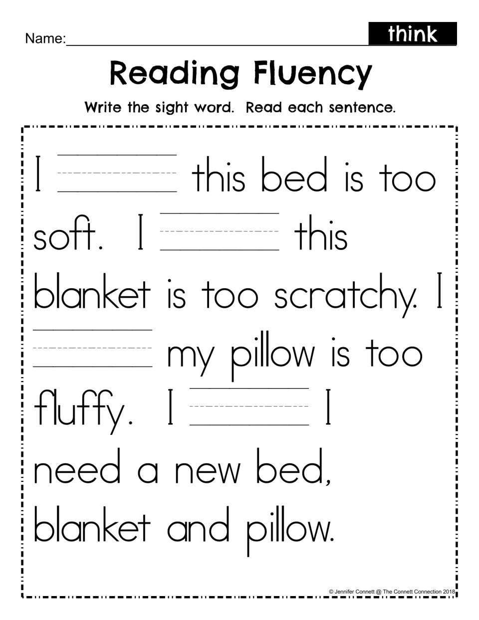 Reading Fluency fill-in: students write think in four blanks in the bed, blanket and pillow passage, then reread it