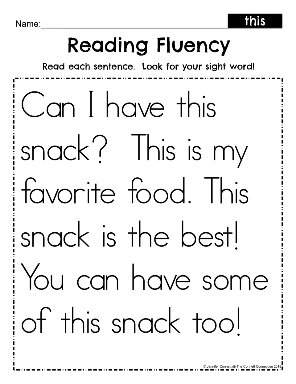 Reading Fluency, sight word this: students read a short snack passage and look for the word this in each sentence