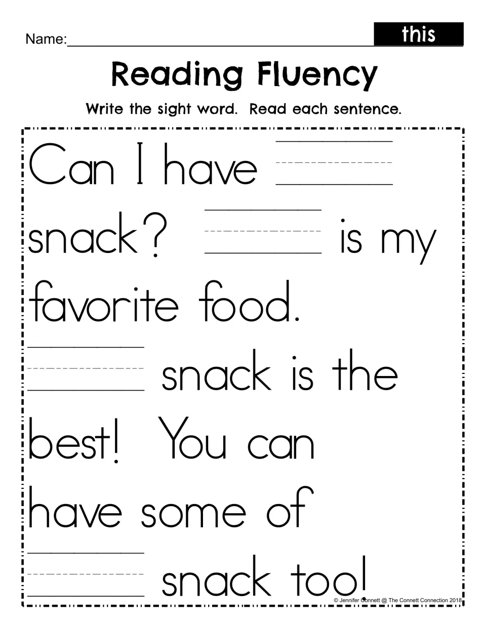 Reading Fluency, sight word this: students write this in four blanks of the snack passage, then read each sentence
