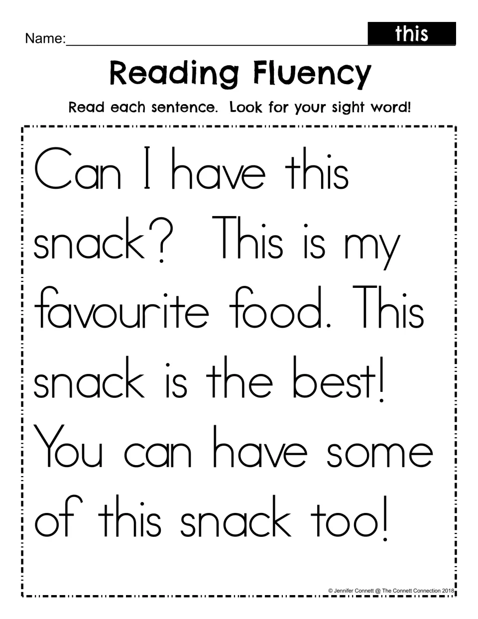 Sight word this, UK spelling: students read the snack passage with 'favourite' and look for this in every sentence