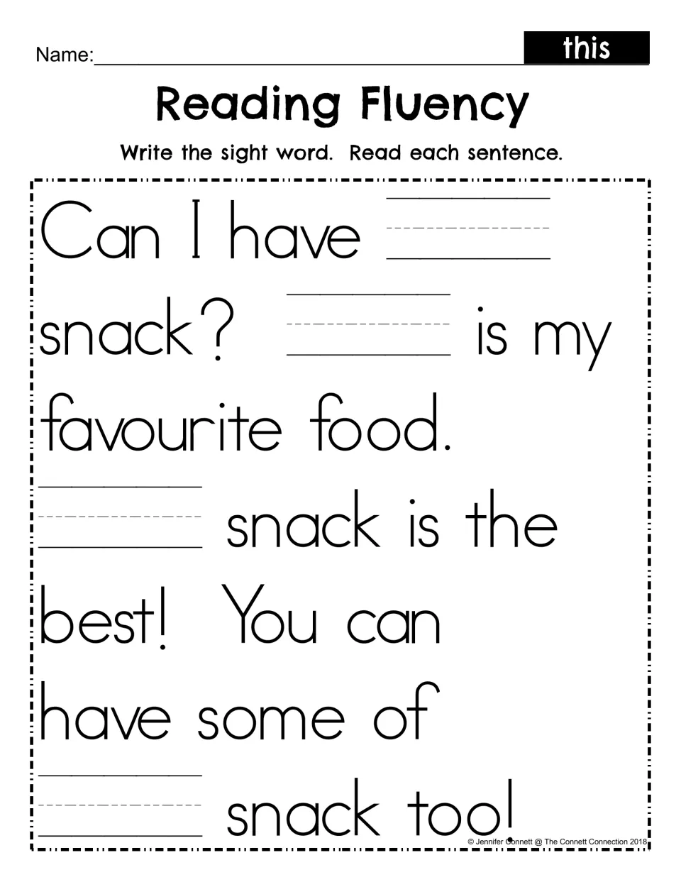 Sight word this fill-in, UK spelling: students write this in the blanks of the 'favourite' passage, then read it