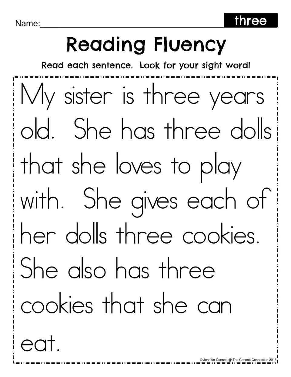 Reading Fluency, sight word three: students read a story about a sister's dolls and cookies and look for the word