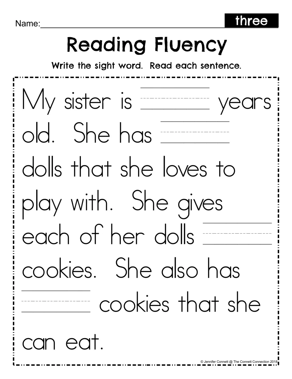 Sight word three fill-in: students write three in four blanks of the sister and dolls story, then read each sentence