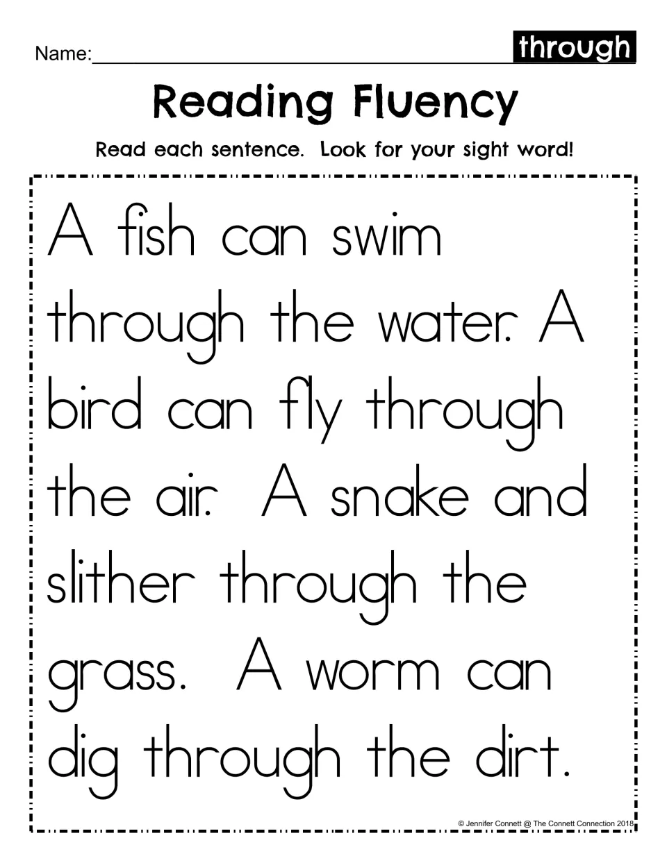 Sight word through: students read a short fluency passage about a fish, bird, snake and worm moving through things