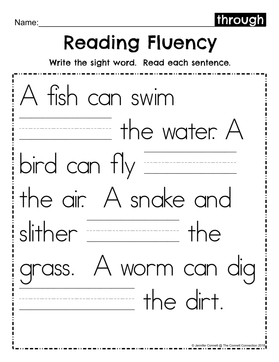 Reading Fluency fill-in: students write the word through in four blanks of the animal passage, then read each sentence