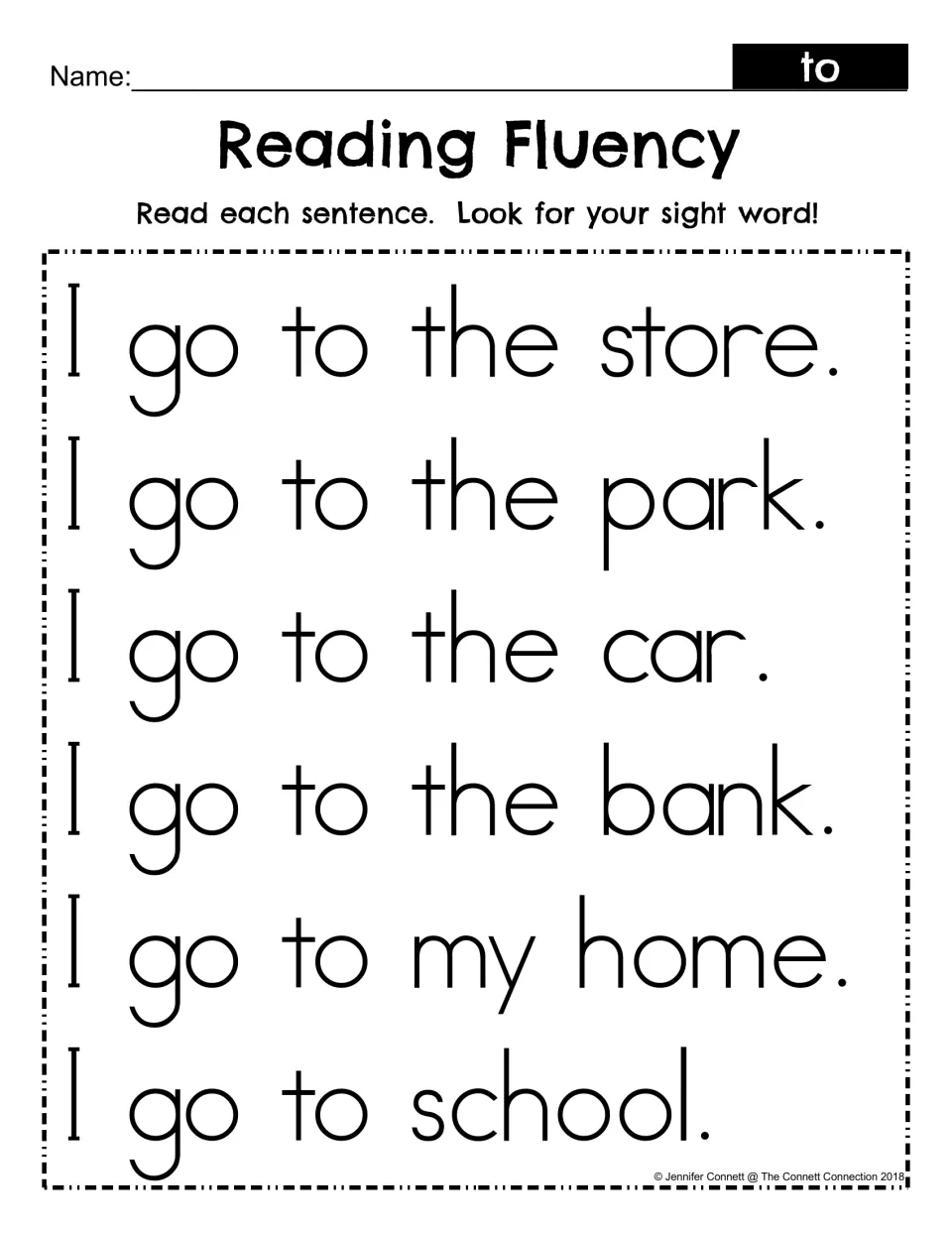 Reading Fluency for sight word to: students read six sentences such as I go to the store and find the word to in each