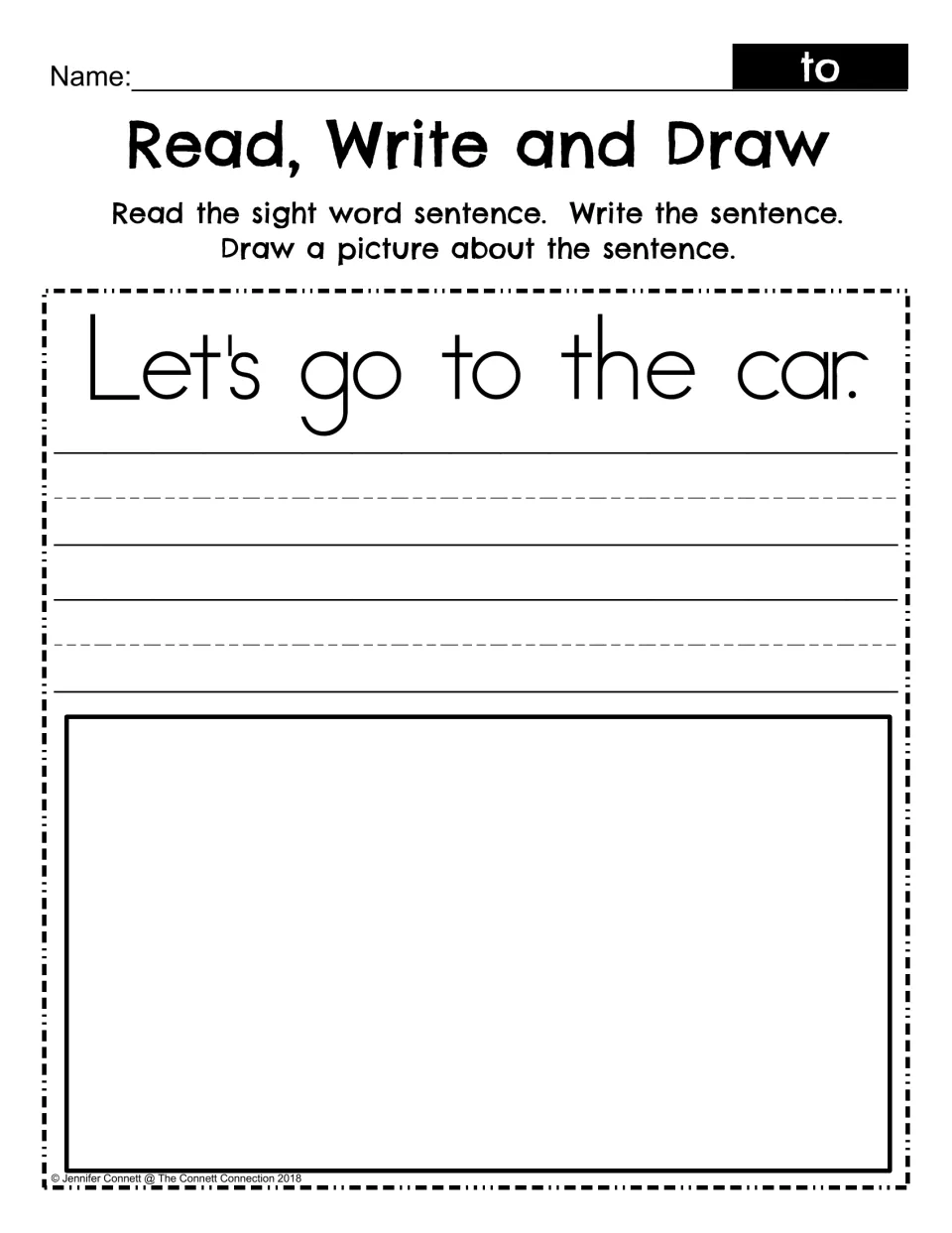 Read, Write and Draw with sight word to: students read Let's go to the car, copy it by hand and draw a picture of it