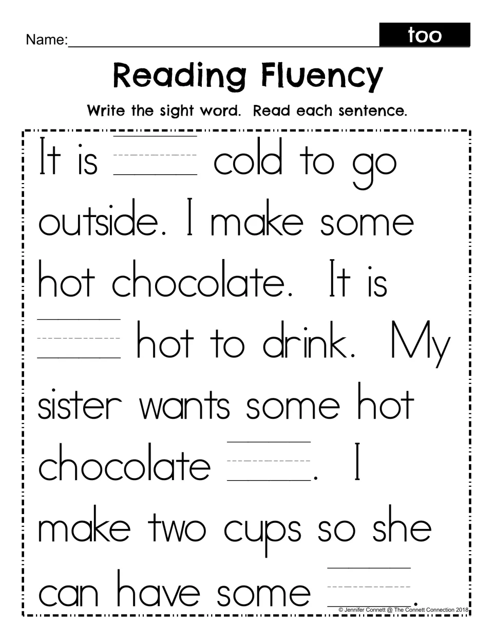 Write-and-read fluency practice uses the hot chocolate passage with four blanks for the sight word “too.”
