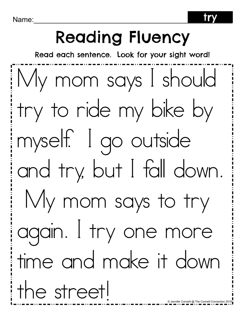 Reading Fluency, sight word try: students read a short story about a mom urging a child to try riding a bike
