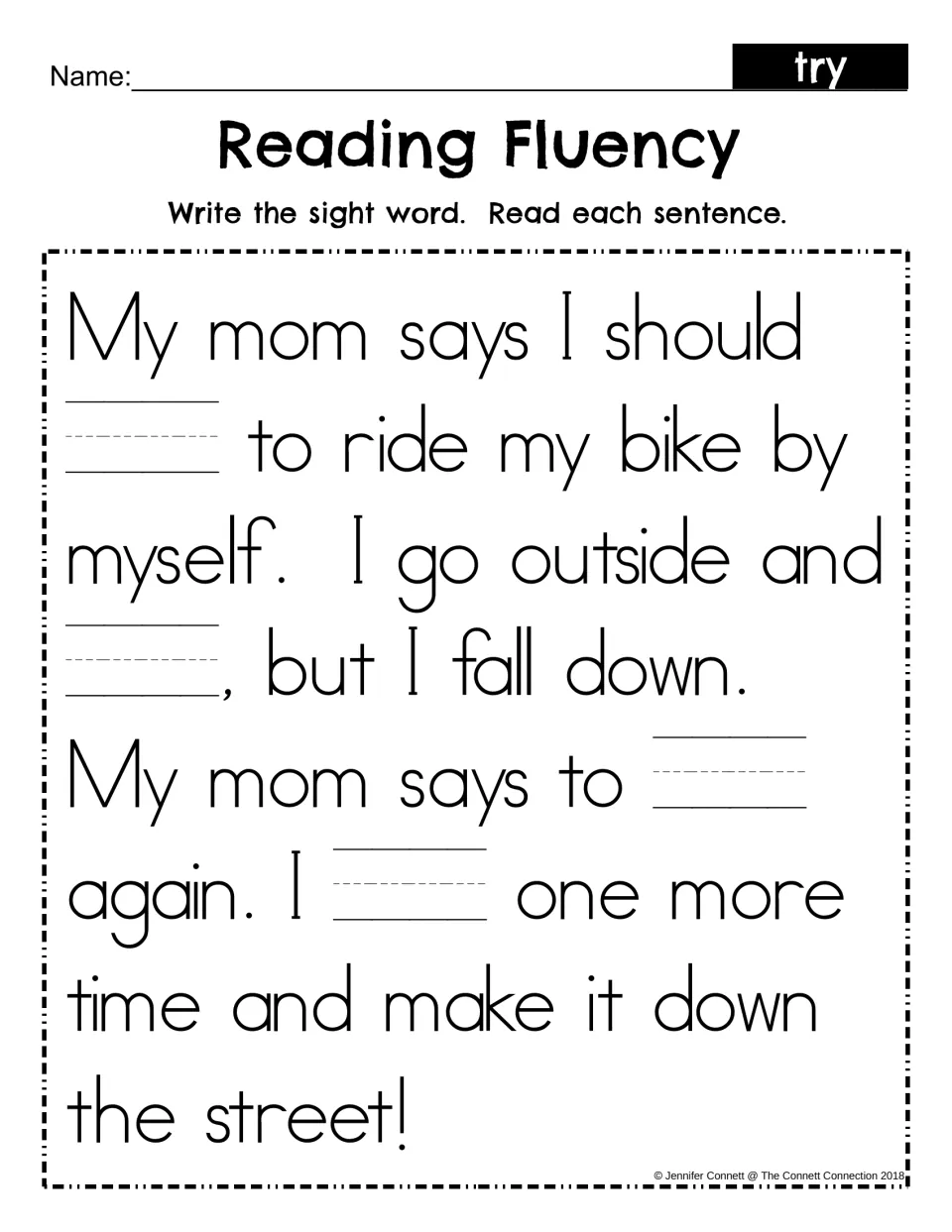 Sight word try fill-in: students write try in four blanks in the mom bike-riding story, then read each sentence