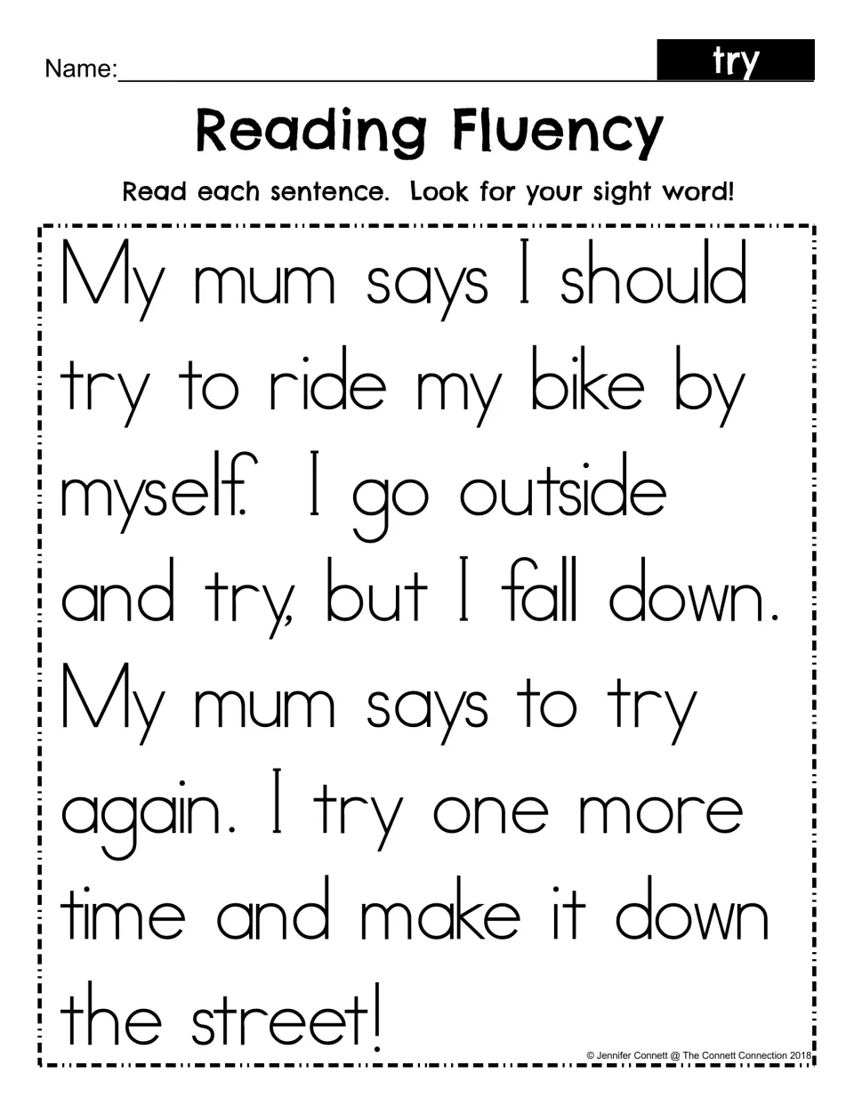 Reading Fluency, mum version: students read the bike-riding story and look for the sight word try in each sentence