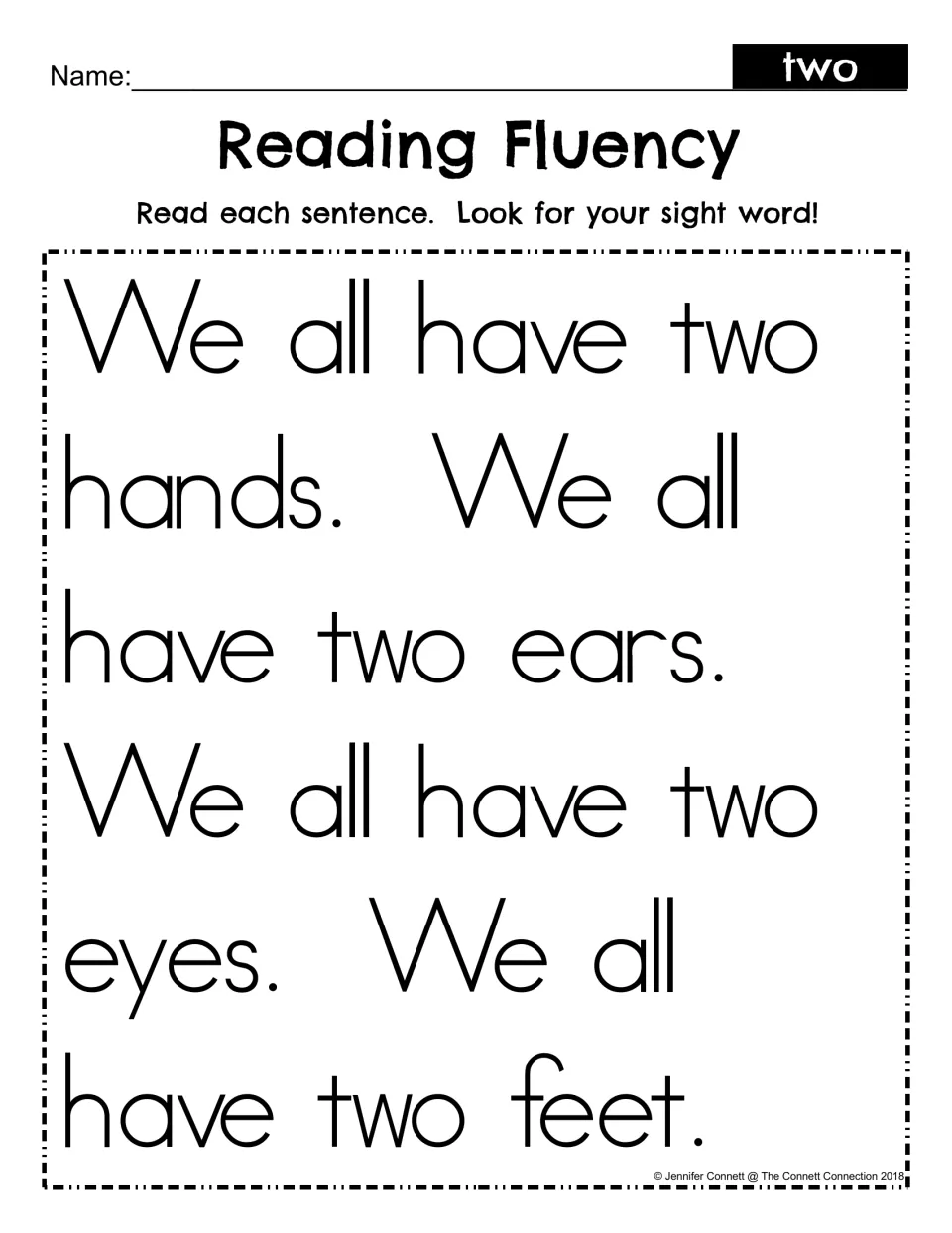Reading fluency practice for “two”: four sentences repeating “We all have two” with hands, ears, eyes, and feet.