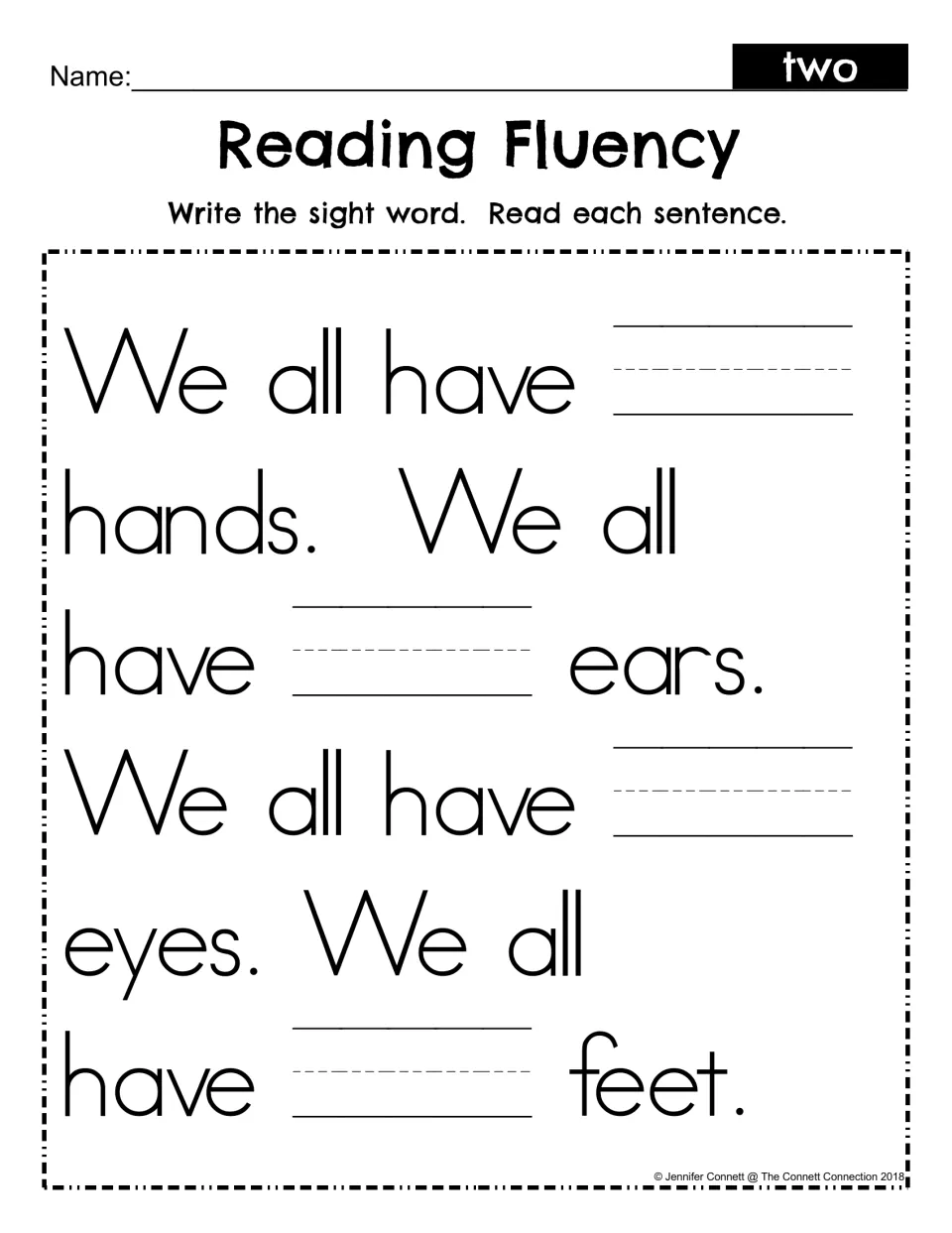 Sight word writing practice: fill in “two” in four sentences about hands, ears, eyes, and feet, then read.