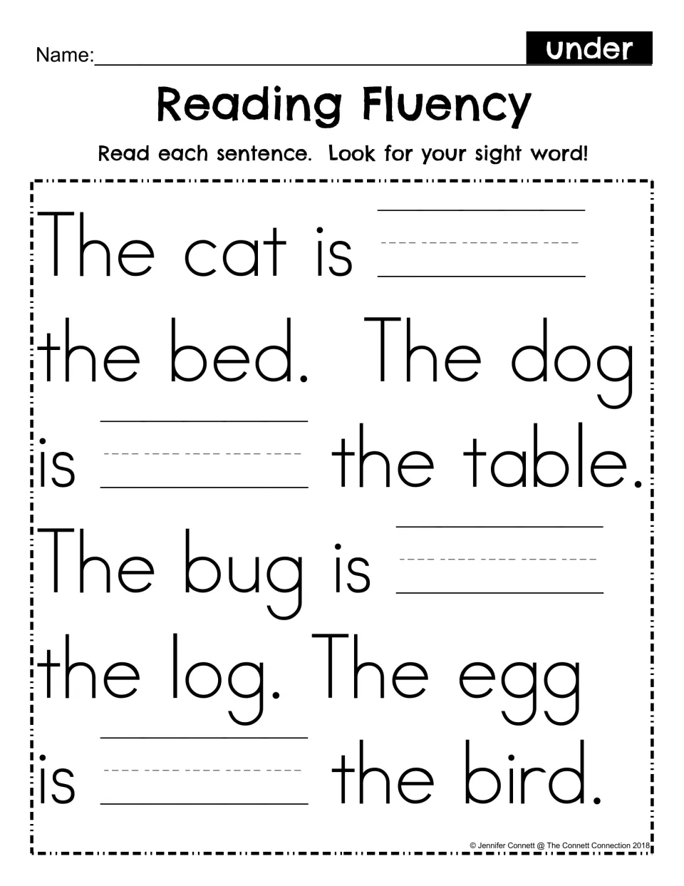 Reading Fluency fill-in: students write the missing word under on blanks in sentences like The dog is ___ the table