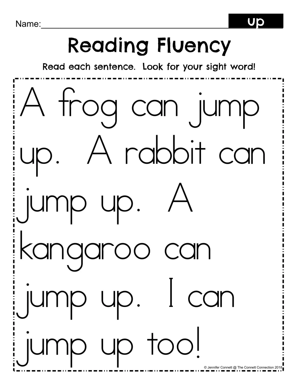 Reading Fluency for sight word up: students read a short passage about a frog, rabbit and kangaroo that jump up