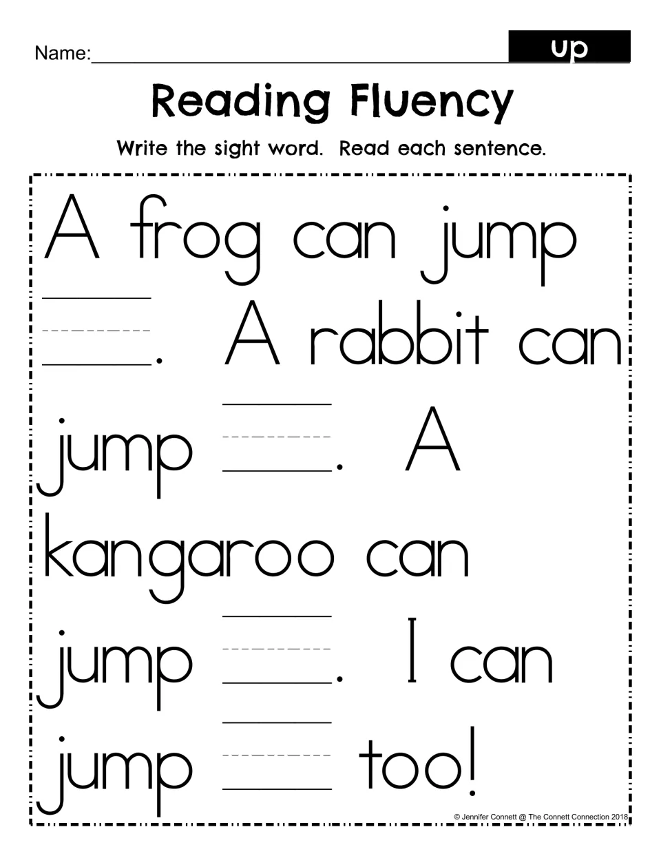 Reading Fluency fill-in for up: students write the sight word in each blank, then read the frog, rabbit and kangaroo text