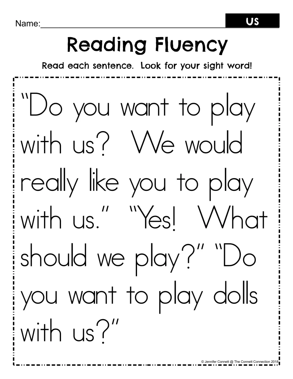 Reading fluency passage for “us,” repeated three times in a conversation about playing together with dolls.