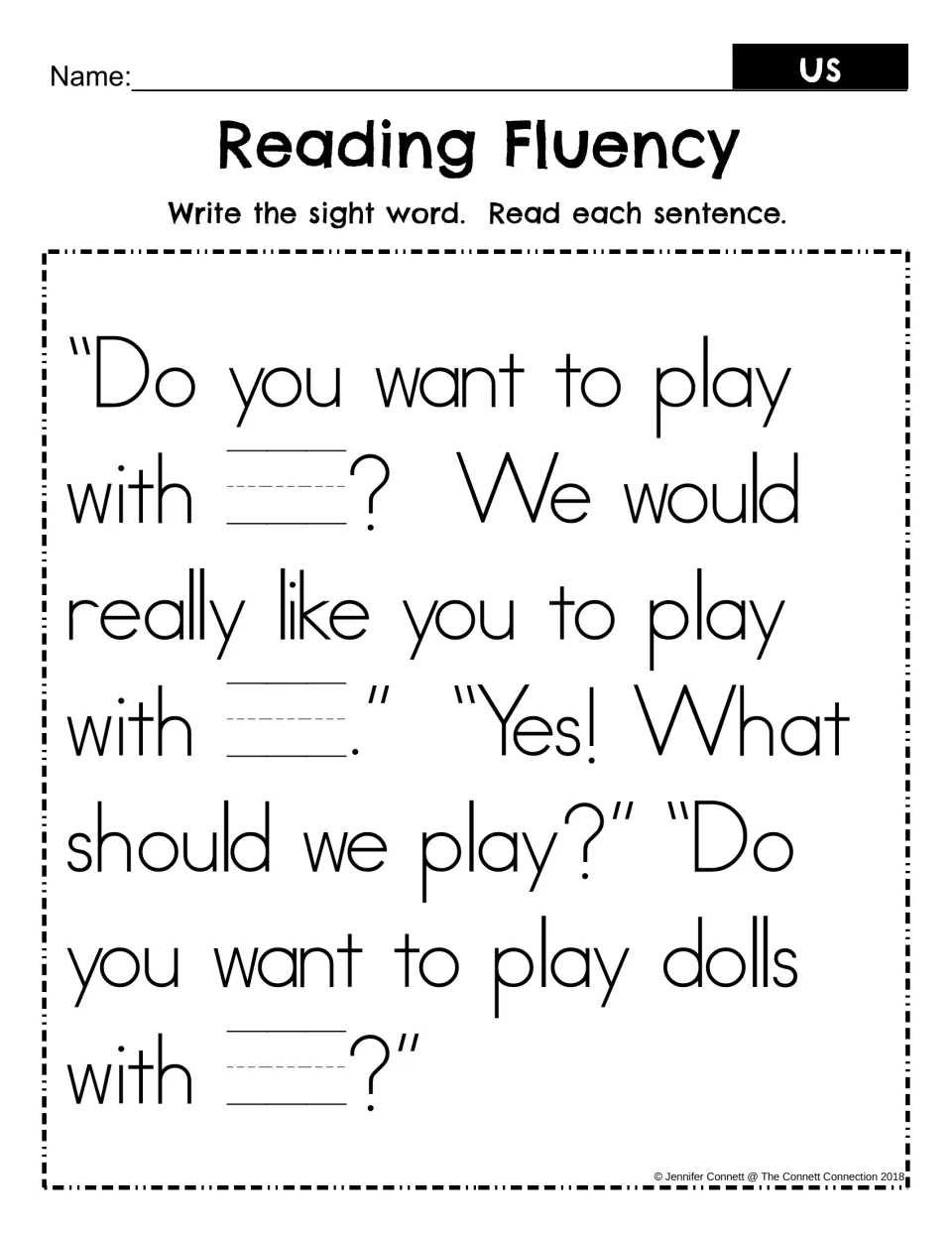 Write-and-read version of the playing-together passage, with three missing instances of “us” to fill in.