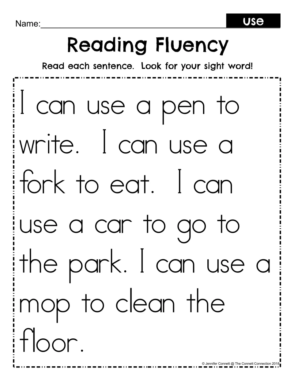 Sight word use reading fluency: students read short sentences like I can use a fork to eat and look for the word use